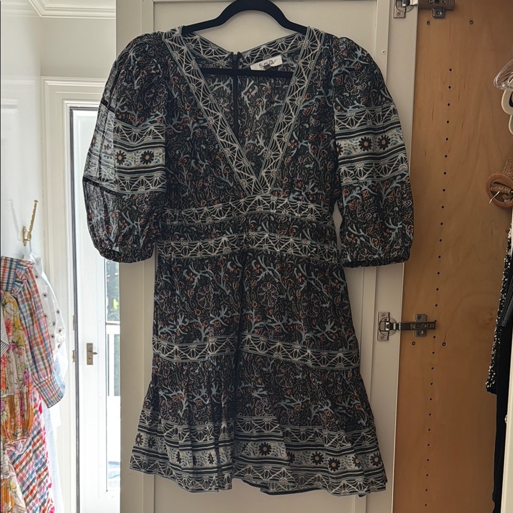 SEA NY -Bohemian Black Multi-Pattern V-Neck Dress